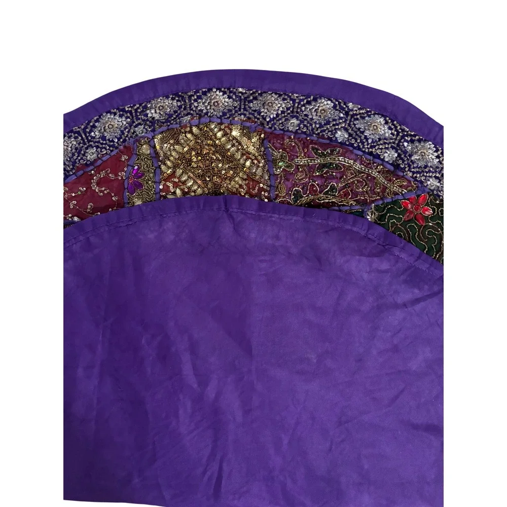 Handmade Indian Patchwork Round Tapestry Gold Zardosi Beaded Boho Purple 22in